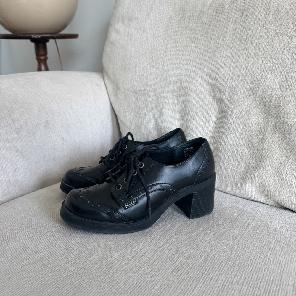 Mudd Black Faux Leather Platform Wingtip Oxford Block Heel Brogues Womens 9.5